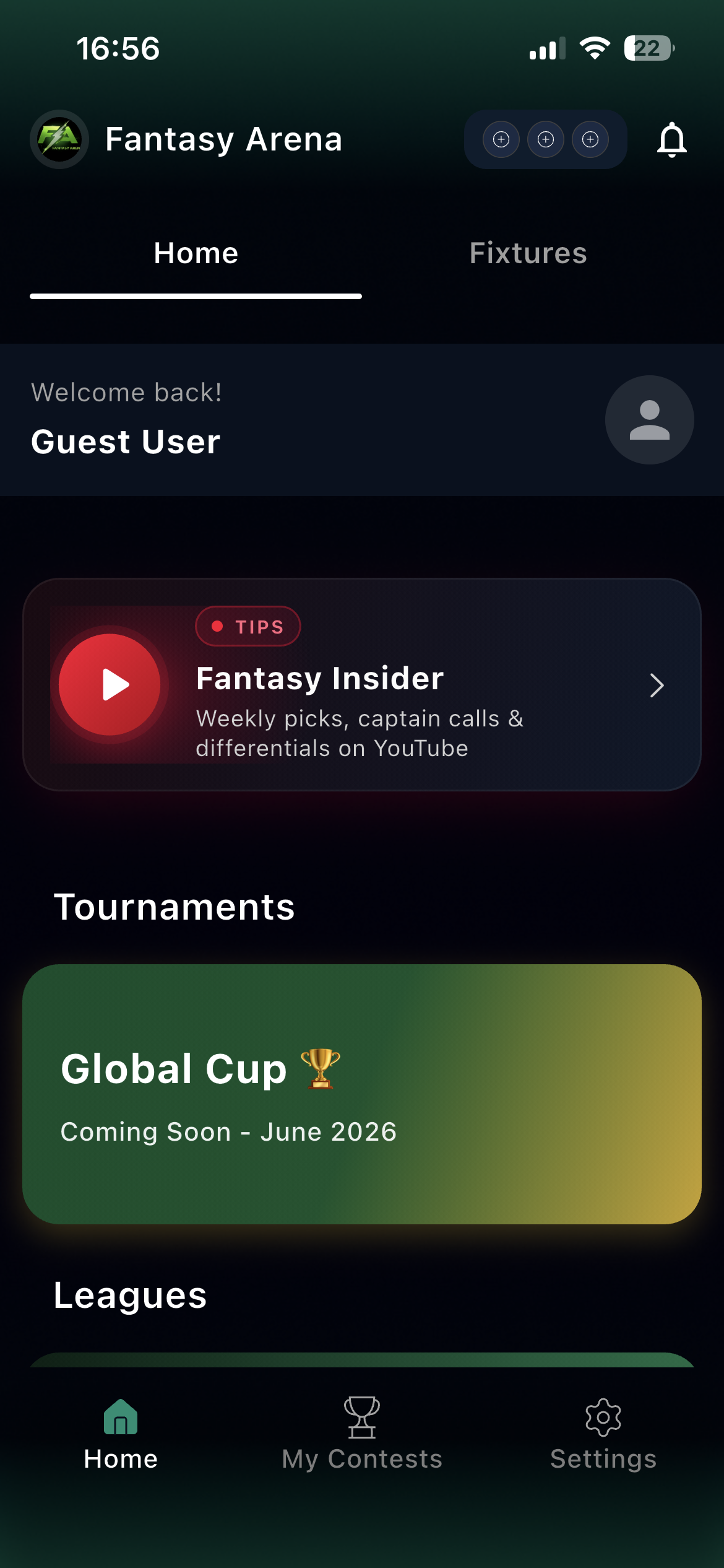 Fantasy Arena home screen with live tournaments