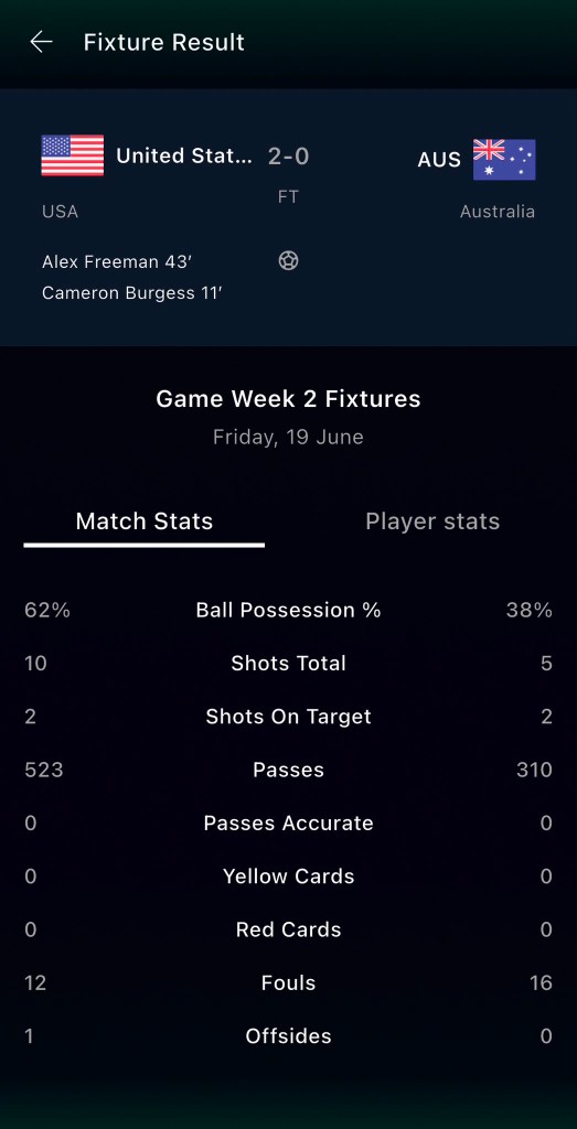 Fantasy Arena fixture match statistics