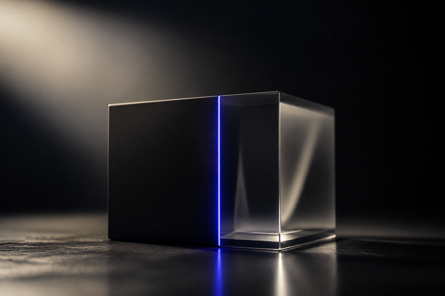Dark geometric block transforming into a translucent glass form