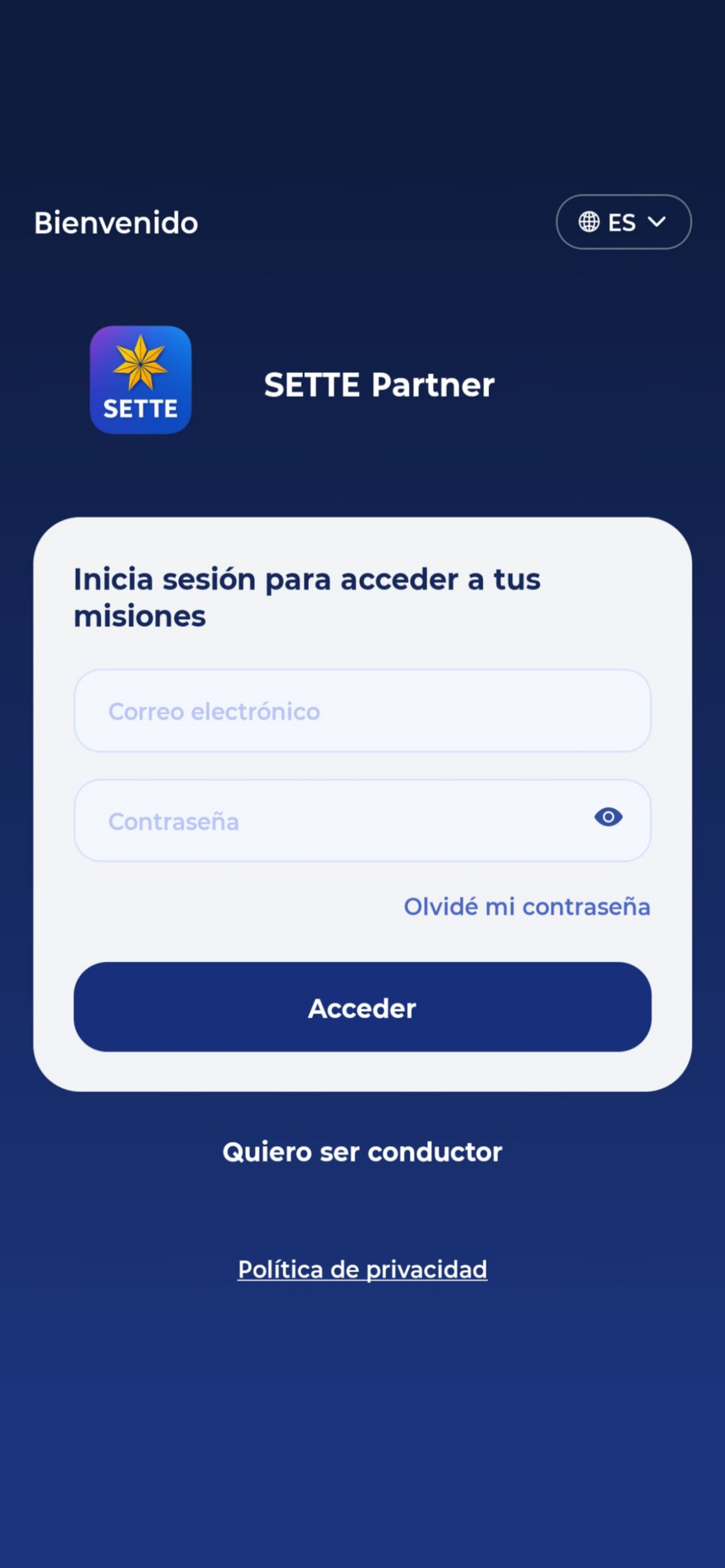 Sette app login screen