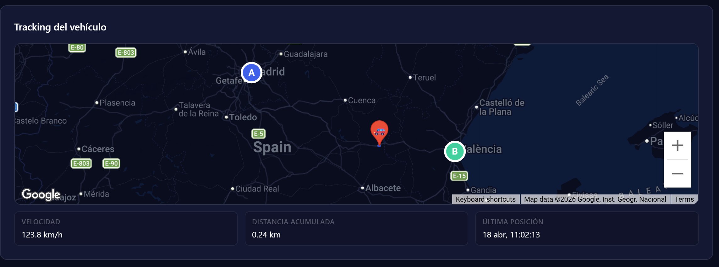 Sette client panel — real-time vehicle tracking map